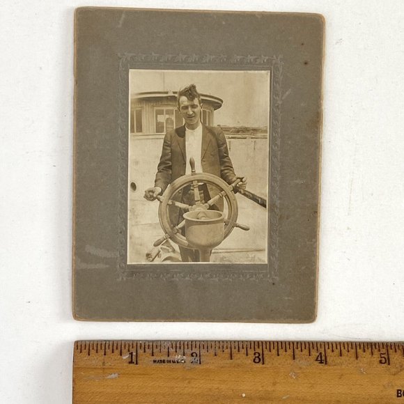 c1900 Cabinet Card Young Man At Ships Wheel Sepia Gel Silver Photograph 4x5in - Picture 5 of 5